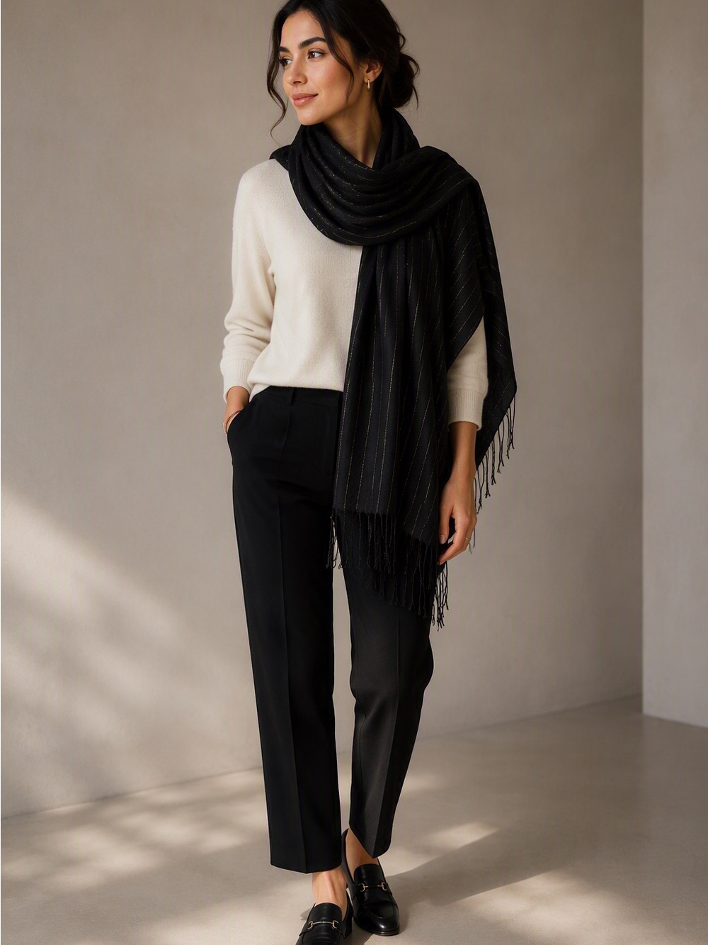 Elegant Black Silk Scarf with Delicate Gold Threads | Long Fringe Shawl Wrap